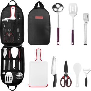 Odoland 8 Pcs Camping Cookware Utensils Travel Set, Camp Kitchen Utensil Organizer with Tongs, Scissors, Cutting Board, Rice Paddle and Water Resistant Case for Backpacking, Outdoor Camping