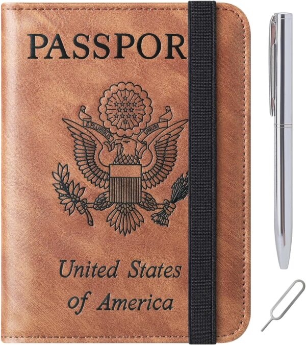 Passport Holder Cover Wallet Travel Essentials Leather Rfid Blocking Case Vacation Luggage Must Haves Travel Accessories for Men Women (116#Brown)