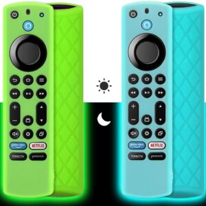 Pinowu Silicone Remote Case (2pcs) for Fire TV Stick 4K Max / 4K Max 2nd / Toshiba/Insignia/Pioneer/Omni Series Fire TV Alexa Voice Remote Enhanced w/Lanyard (Green and Turquoise, Both Glow)