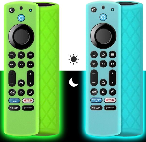 Pinowu Silicone Remote Case (2pcs) for Fire TV Stick 4K Max / 4K Max 2nd / Toshiba/Insignia/Pioneer/Omni Series Fire TV Alexa Voice Remote Enhanced w/Lanyard (Green and Turquoise, Both Glow)
