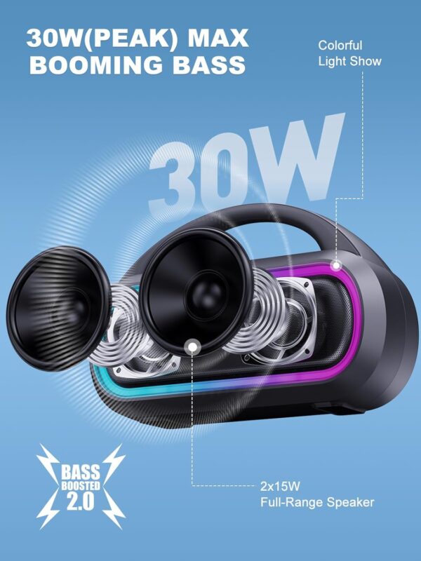 Portable Bluetooth Speaker, 30W Peak, 12H Playtime, IPX5 Waterproof with Light, TWS Pairing, Wireless Speaker for Home/Party/Outdoor/Beach, Birthday Gift (Black) - Image 2