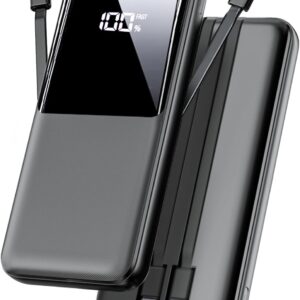 Portable Charger Power Bank - 15000mAh Fast Charging Powerbank Battery Pack with Built in USB-C(22.5W) and iOS(20W) Output Cable Compatible with iPhone Android Samsung etc (1 Pack, Black)