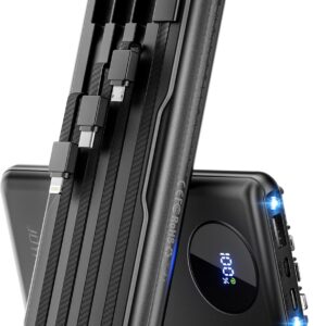 Portable-Charger-Power-Bank Travel Essentials Battery Pack USB C 10000mAh Built in Cable 22.5W Phone Fast Charging Powerbank Compatible with iPhone 16 15 14 13 12 11 iPad Samsung Google (Black)