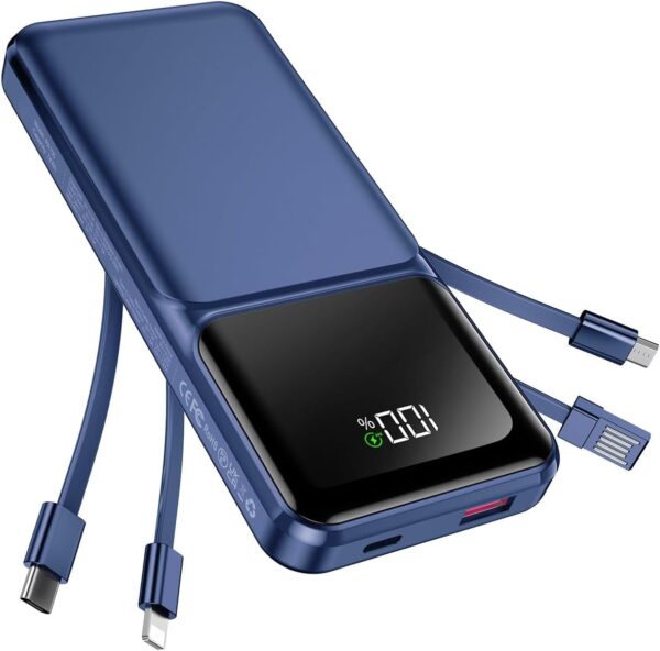 Portable Charger with Built in Cable - 20000mAh Fast Charging Slim 22.5W Power Bank USB C LED Display Battery Pack 5 Outputs & 3 Inputs for Travel Essentials iPhone Samsung Android Phones Tablets etc