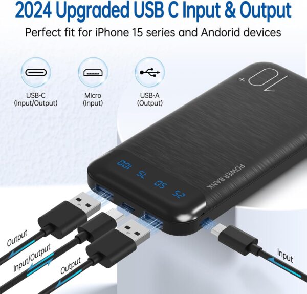 Power Bank 10000mAh Portable Charger Slim External Battery Pack with 2 USB 2.4A Outputs and USB C In/Out Compatible with Huawei iPhone 16 15 14 13 12 iPad Samsung Galaxy S20 Android Tablet (Black) - Image 2