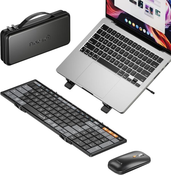 ProtoArc Foldable Keyboard Mouse Combo, XKM01 CaseUp Portable Bluetooth Keyboard and Mouse with Laptop Stand, a Mobile Work Solution for On-The-Go, Compatible with Laptop PC MacBook Windows Mac OS