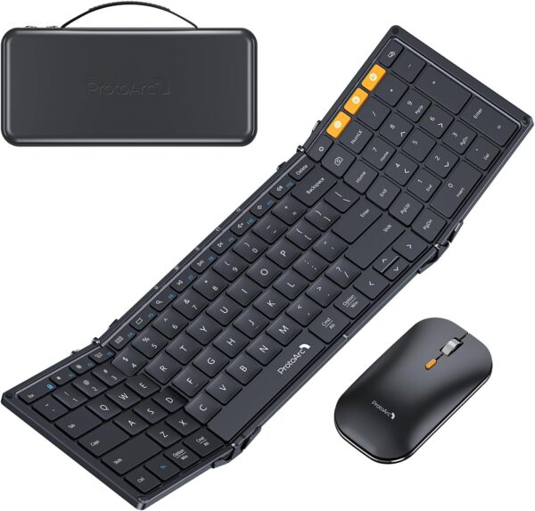 ProtoArc Foldable Keyboard and Mouse, XKM01 True Full-Size Folding Keyboard Mouse Combo for Business and Travel, 2.4G+Dual Bluetooth Portable Mouse Keyboard for Laptop iPads Tablets - Black