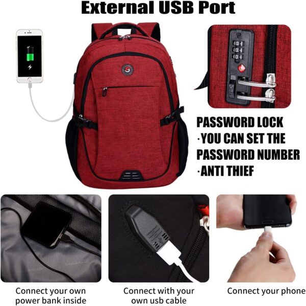 SHRRADOO Anti Theft Laptop Backpack Travel Backpacks with usb Charging Port for Women Men College Backpack Computer Bag Fits 17 Inch Laptop,Red - Image 2