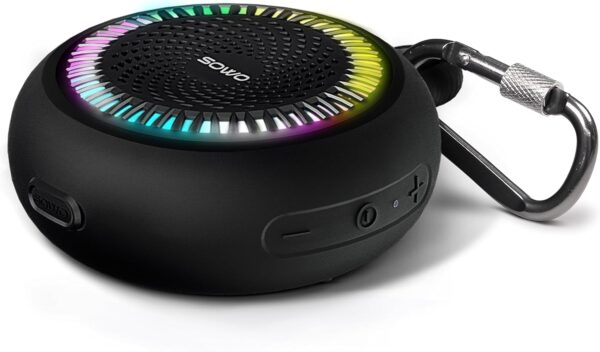 SOWO Bluetooth Shower Speaker Waterproof | Small Portable Bluetooth Speaker Wireless with Clip | Powerful Bass and Louder Volume | Colorful Lights and Lightweight | with TWS Pairing | Black