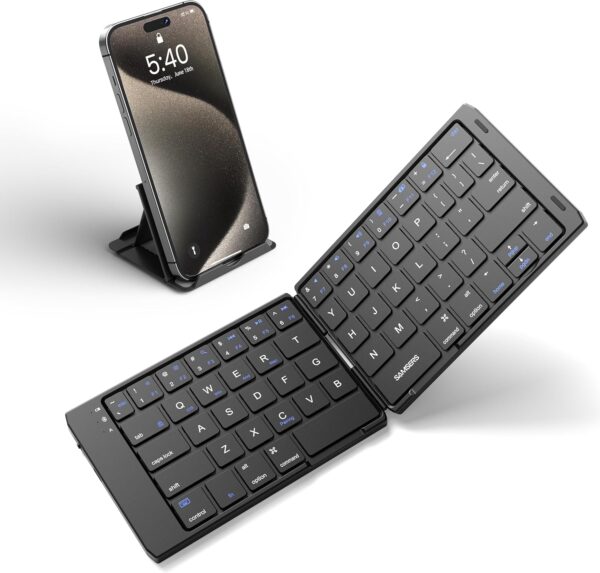 Samsers Foldable Bluetooth Keyboard Portable Folding Keyboard for Travel, Rechargeable Wireless Key Board with Phone Holder for iPad, iPhone, MacBook, Android, Windows Laptop Tablet PC - Black
