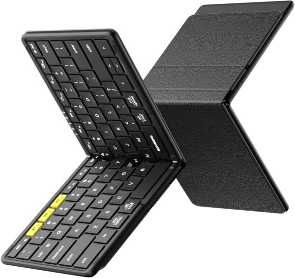 Samsers Full-Size Foldable Bluetooth Keyboard, KF08S Wireless Folding Keyboards with PU Leather Cover, Portable Travel for iPhone iPad Smartphone Tablet Laptop, Android Windows Mac OS, Black