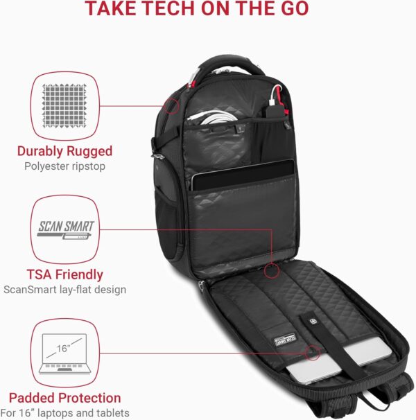 SwissGear Travel Tech Elite Laptop Backpack – Fits Laptops up to 16” – ScanSmart TSA-Friendly Backpack with USB Port, Shoe Compartment & Organizer Pockets – Black Dot - Image 2