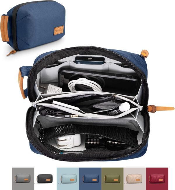 TRIPPED Travel Gear Tech Bag Organizer - Small Electronics Organizer Pouch for Travel - Premium Travel Case with Leather Accents - Mesh Pocket for Cables, Cords and Chargers (Navy)