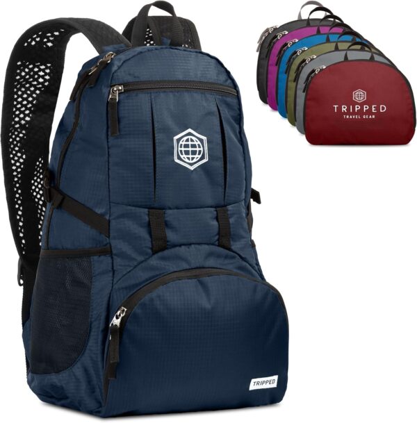 TRIPPED Travel Gear Traveling Backpack- Foldable collapsible lightweight backpack for travel (Blue) 35 liters