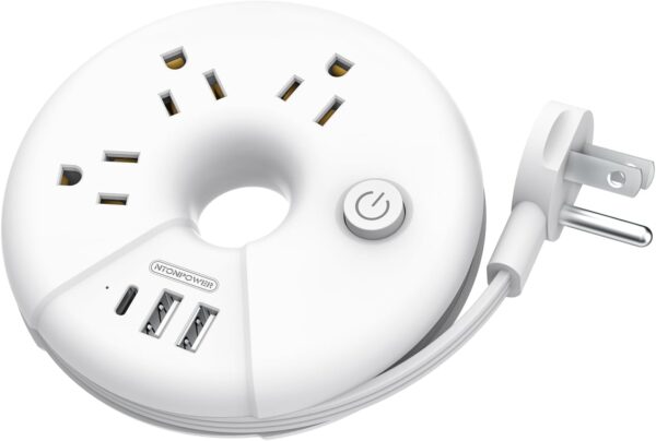 Travel Power Strip, NTONPOWER 3 Outlets 3 USB(1 USB C) Cruise Approved Power Strip, Short Extension Cord 3ft, Travel Essentials for Home, Hotels, Cruise Ship, Vacation, White, i-Donut Power Strip