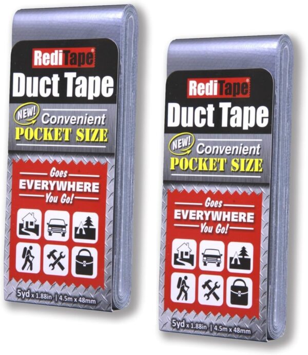 Travel Size Pocket Duct Tape 2-Pack – Compact Flat Small Mini Rolls - for Repairs Camping Emergency Gear EDC DIY Crafts - 1.88 inch x 5 Yards per Pack (Twin Silver)