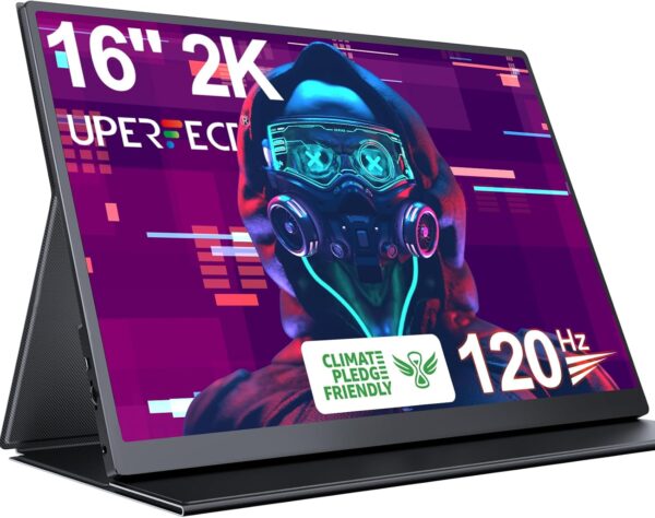 UPERFECT 2K 120Hz Portable Gaming Monitor, 16" 2560x1600 QHD 16:10 400 Nits 10 Bits Portable Monitor for Laptop w/VESA & Cover HDR FreeSync Eye Care External Second Screen for PC Phone Game Console