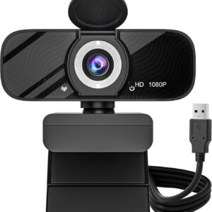 USB HD Webcam with Built-in Microphone and Rotatable Tripod, 1080P Video, Wide Angle Camera, Privacy Cover, for Desktop PC or Laptop Computer（Black）