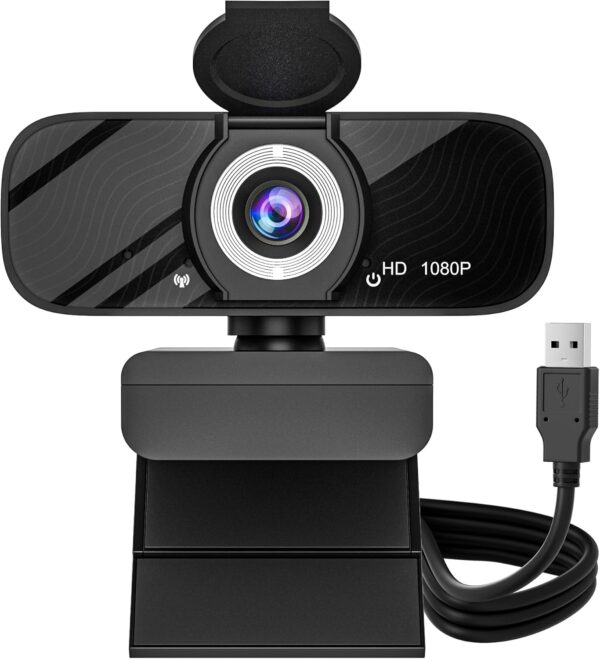 USB HD Webcam with Built-in Microphone and Rotatable Tripod, 1080P Video, Wide Angle Camera, Privacy Cover, for Desktop PC or Laptop Computer（Black）