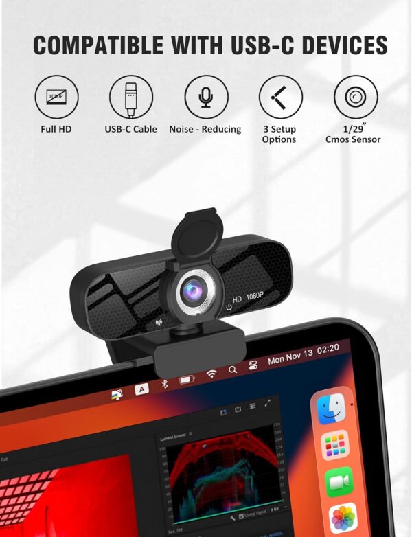USB HD Webcam with Built-in Microphone and Rotatable Tripod, 1080P Video, Wide Angle Camera, Privacy Cover, for Desktop PC or Laptop Computer（Black） - Image 2