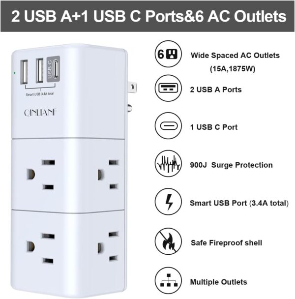 USB Outlet Extender Surge Protector - QINLIANF Rotating Plug, 3-Sided Swivel Power Strip, 6 AC Spaced Outlet Splitter and 3 USB Ports (1 USB C) for Travel, Home, Office, ETL - Image 2