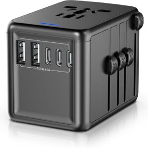 Universal Travel Adapter Offers 6.0A 3X 3.0A USB-C Ports, 2X 2.4A USB-A Ports and Multi AC Outlet, All-in-One International Power Plug Adaptor Worldwide Charger for EU US UK AU 200+ Countries