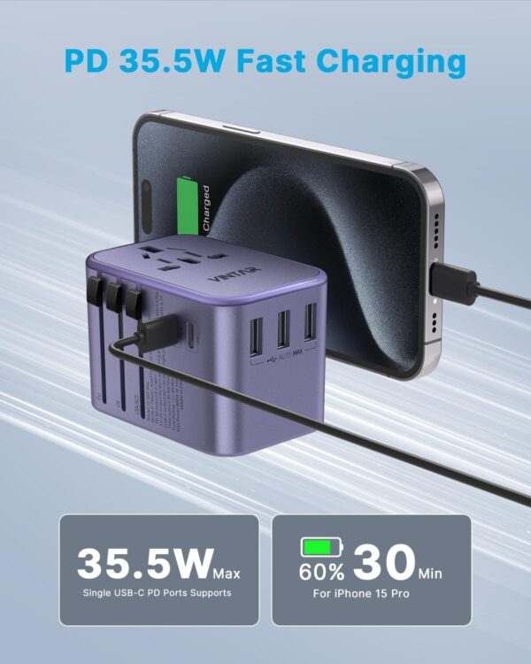 Universal Travel Adapter, VINTAR 35.5W International Power Adapter with 3 USB A QC and 2 USB C PD, All in One Plug Adapter Worldwide Travel Essentials for EU/UK/USA/AUS(Type C/G/A/I), Purple - Image 2