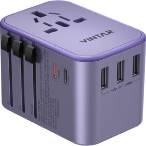Universal Travel Adapter, VINTAR 35.5W International Power Adapter with 3 USB A QC and 2 USB C PD, All in One Plug Adapter Worldwide Travel Essentials for EU/UK/USA/AUS(Type C/G/A/I), Purple