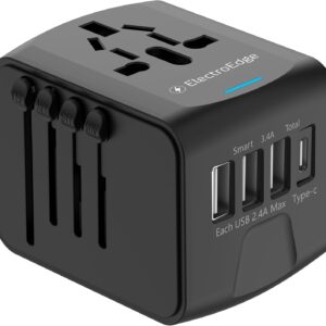 Universal Travel Adapter with 3USBA + 1USBC Port, All-in-1 Worldwide Travel Adapter | European to UK Plug Adaptor | International Travel Plug Adapter for US/EU/AUS/UK