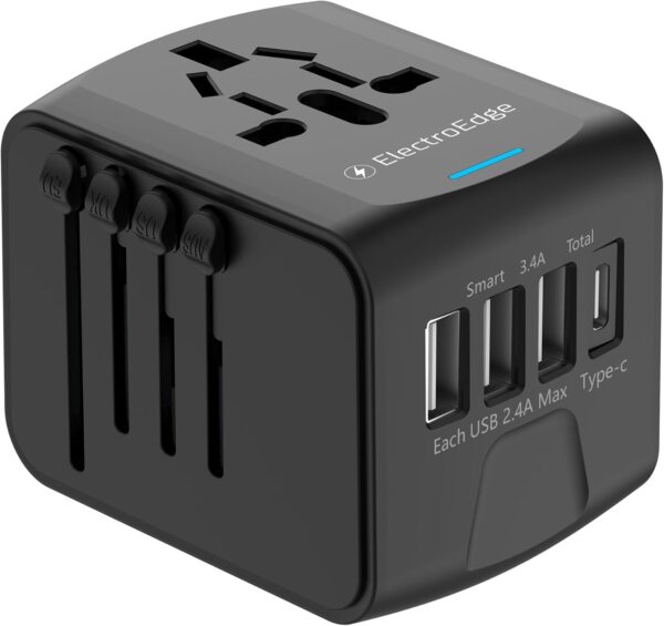 Universal Travel Adapter with 3USBA + 1USBC Port, All-in-1 Worldwide Travel Adapter | European to UK Plug Adaptor | International Travel Plug Adapter for US/EU/AUS/UK