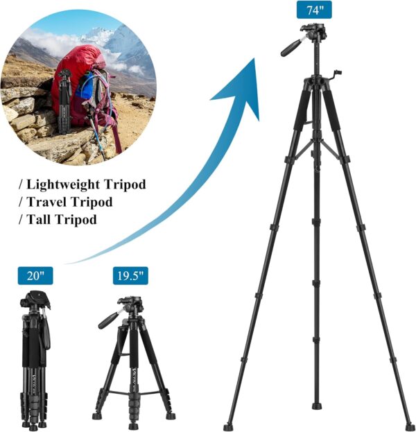 VICTIV 74” Camera Tripod, Tripod for Camera and Phone, Aluminum Professional Tripod Stand for Canon Nikon with Carry Bag and Phone Holder, Compatible with DSLR, iPhone, Spotting Scopes, Max Load 9.5Lb - Image 2