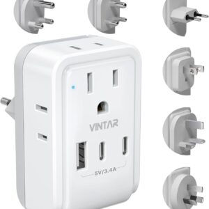VINTAR Universal Travel Adapter Kit, International Power Adapter with 3 USB Ports (2 USB C) 4 AC Outlets, Type A,C,G,D,I,M Detachable Attachments, Travel Adapter Worldwide for US/EU/UK/India/Africa