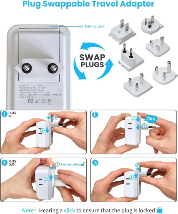 VINTAR Universal Travel Adapter Kit, International Power Adapter with 3 USB Ports (2 USB C) 4 AC Outlets, Type A,C,G,D,I,M Detachable Attachments, Travel Adapter Worldwide for US/EU/UK/India/Africa - Image 2