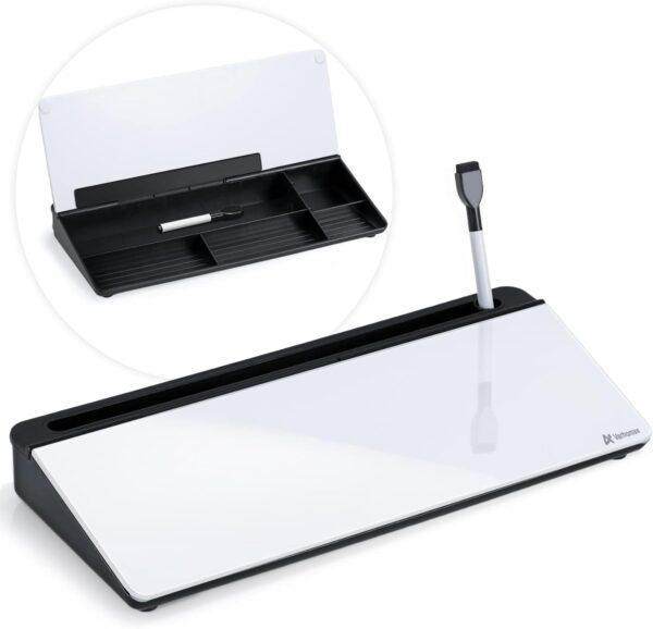 Varhomax Glass Desk Whiteboard with Storage, Desktop Dry Erase White Board to-do List Memo Keyboard Stand for Home Office and School Supplies (Black&White)