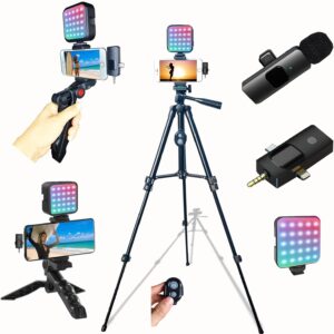 for iPhone Vlogging Kit, Vlogging Kit for Andriod Phone with Two Tripods RGB Light Lavalier Microphone Remote for YouTube Tiktok Content Creator (Total Height 20 in to 50 in)