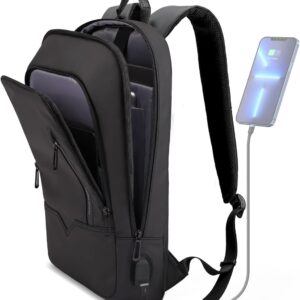 hk Backpack for Men Business Slim Backpack with USB Charger Computer Lightweight Anti-theft Travel Backpacks 15.6 inch Water Resistant Laptop Bag for Work Office College-Black