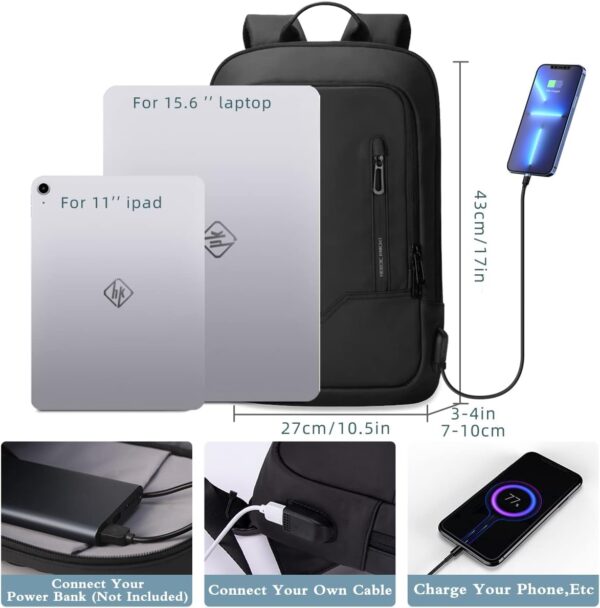 hk Backpack for Men Business Slim Backpack with USB Charger Computer Lightweight Anti-theft Travel Backpacks 15.6 inch Water Resistant Laptop Bag for Work Office College-Black - Image 2