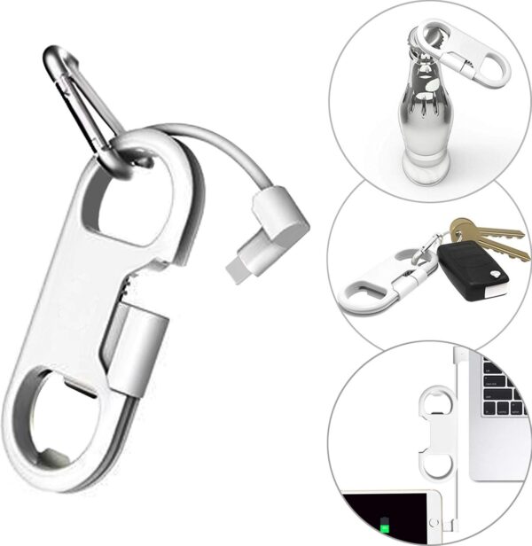 iPhone Charge Lightning Cable + Keychain + Bottle Opener + Aluminum Carabiner,Portable Multifunction Keychain Bottle Opener USB Charging Cord Short Cable for iPhone X/8/7/6S,Gift for Men Women(White) - Image 2