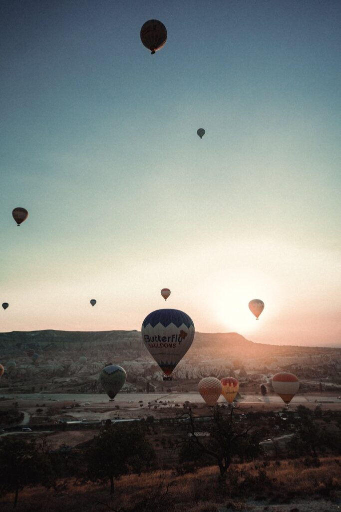 hot air balloons at sunrise in cappadocia