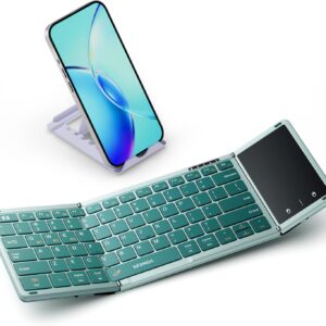 seenda Foldable Bluetooth Keyboard with Touchpad, Travel Folding Keyboard with PU Leather & Phone Holder, Small and Portable for iPad Tablet Laptop for College Students - Sage Green
