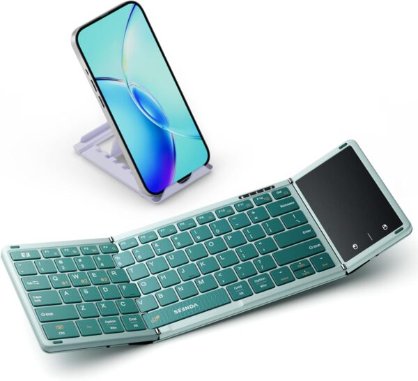 seenda Foldable Bluetooth Keyboard with Touchpad, Travel Folding Keyboard with PU Leather & Phone Holder, Small and Portable for iPad Tablet Laptop for College Students - Sage Green