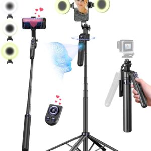 71” Auto Face Tracking Tripod for iPhone with Light,360° Rotating Phone Stand with Rechargeable Remote Control for TikTok Vlog Video Recording, Phone Tripod for Android Camera/GoPro/Ring Light