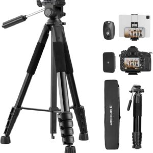 K&F Concept Camera Tripod, 75" Lightweight Portable Travel Outdoor DSLR Tripods for Camera Phone Video Recording Tripod Stand, Cellphone Clip for Smartphone Live Streaming Vlog, Black