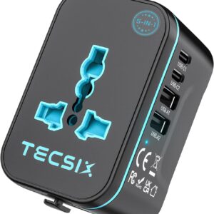 Universal Travel Adapter Worldwide, TECSIX European Travel Plug Adapter with 2 USB C, 2 USB A and Multi AC Outlets, International Power Converter for EU US UK AUS 200+ Countries Type A C G I