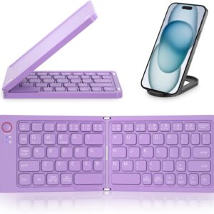 Mini Portable Wireless Folding Keyboard - Sync Up to 3 Devices, Ultra-Slim Aluminum Travel Keyboard for iPhone iPad Mac Android Windows iOS (Purple)