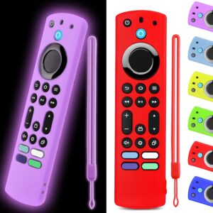 OneBom (2pcs) Silicone Remote Cover for Firetv 4K Max (2nd)/ Insignia/Pioneer/Omni (QLED) Series Alexa Voice Remote Enhanced w, Anti-Slip Protective Case with Same Color Lanyard(Glow Purple&Red)