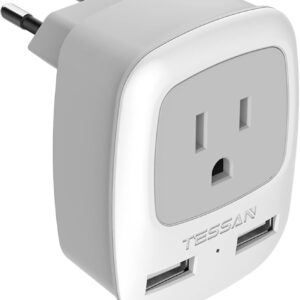 TESSAN European Travel Plug Adapter, Europe Power Adaptor with 2 USB Ports, International Type C Outlet Charger for US to Most of EU Iceland Spain Italy France Germany