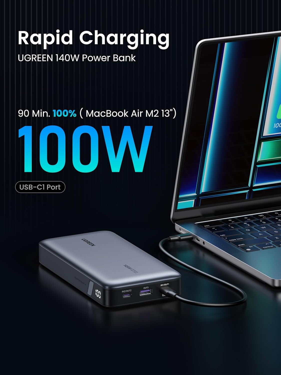 UGREEN Power Bank 25,000mAh 145W Laptop Portable Charger, Nexode 3-Port USB C PD Battery Pack, for MacBook Pro/Air, Dell XPS, iPhone 16/15/14, Galaxy S24, Steam Deck, iPad, and More - Image 4