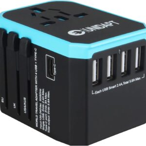 Unidapt Universal Travel Adapter, European Travel Plug Adapter - International Power Adapter Worldwide Charger with USB-C & 4 USB Ports, Travel Essentials for Italy, Japan, Europe, UK (UA-101, Blue)