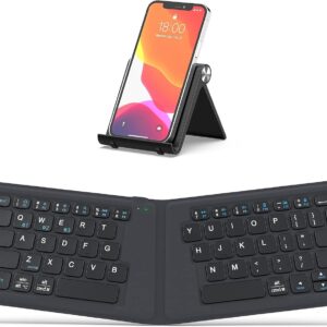 iClever Folding Keyboard, BK06 Foldable Bluetooth Keyboard with PU Leather Cover, Ergonomic Design, Tri-Device Connection, USB-C Charge – Portable Travel for iPhone, iPad, Tablet, Laptop